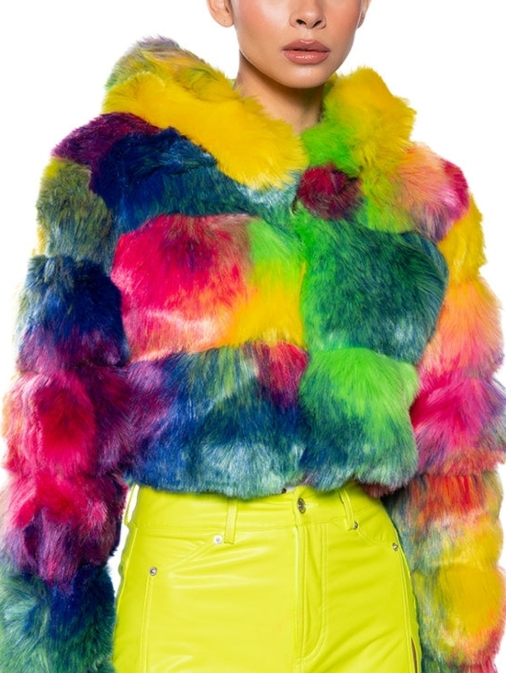 "Kaleido Rainbow" Multicolor Faux Fur Jacket (Matching Tote & Scarf Available)